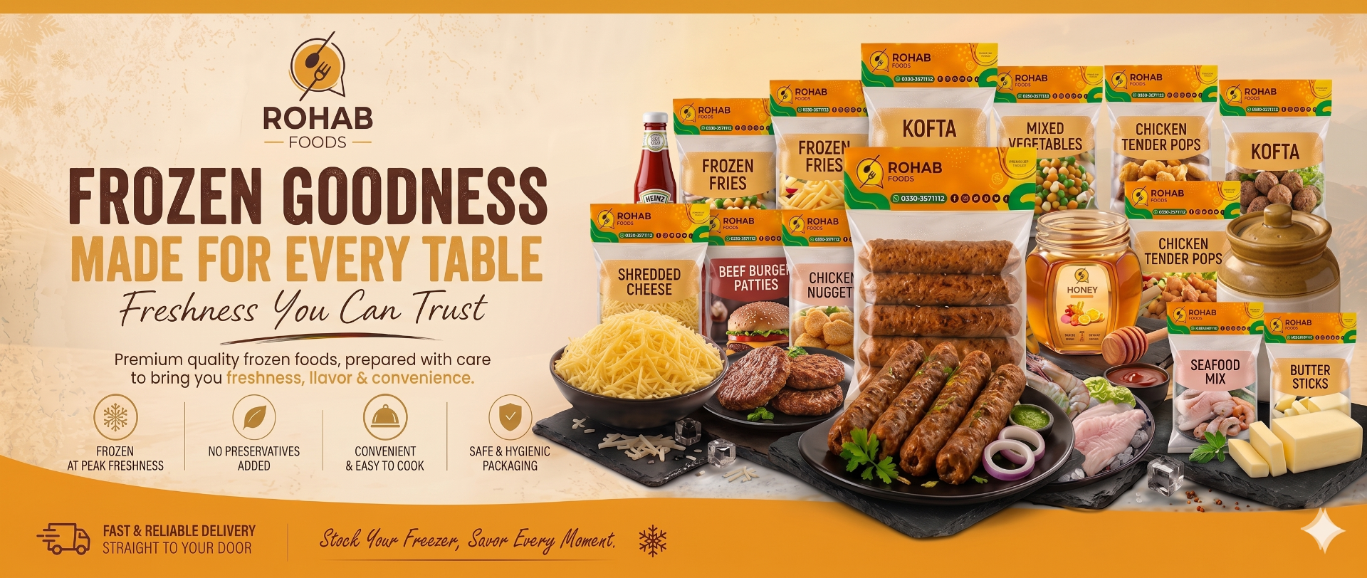 Promotional banner for Rohab Foods frozen food products with various items displayed.