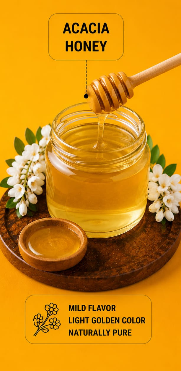 Jar of honey with a wooden dipper on a yellow background, featuring text about acacia honey.